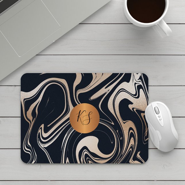 Modern glam marble black rose gold monogrammed mouse mat (Creator Uploaded)