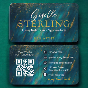 Modern Glam Nail Artist Green Opal QR Code Business Card