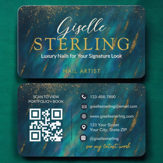 Modern Glam Nail Artist Green Opal QR Code Business Card (Creator Uploaded)