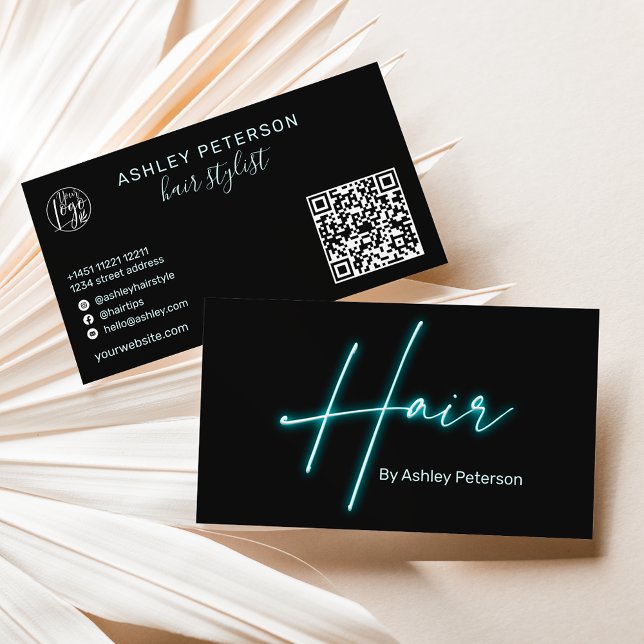 Modern glam neon hair script logo qr code  business card (Creator Uploaded)