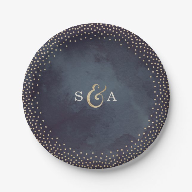 Modern glam night faux gold glitter monogram paper plate (Front)