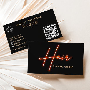 Modern glam orange neon hair script logo qr code business card
