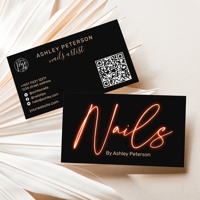 Modern glam orange neon nails script logo qr code business card (Creator Uploaded)