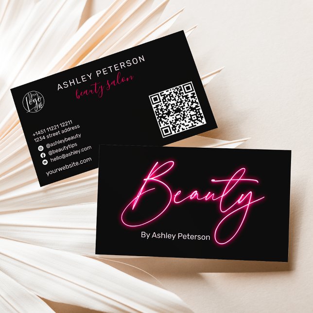 Modern glam pink neon beauty script logo qr code business card (Creator Uploaded)