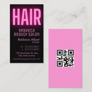 Modern glam pink neon hair script logo qr code business card