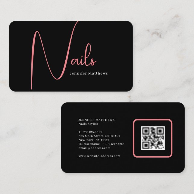 Modern glam pink neon nails script logo qr code business card (Front/Back)