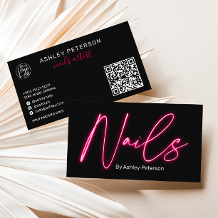 Modern glam pink neon nails script logo qr code business card