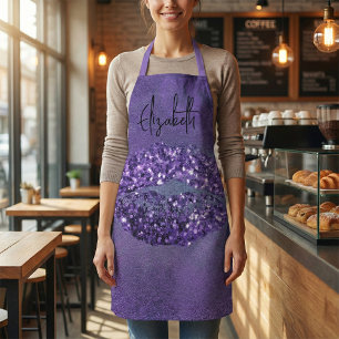 Modern Glam Purple Glittery Kiss Lipstick Imprint Apron