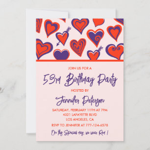 Modern Glam Red Pink Heart 53rd birthday Invitation