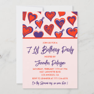 Modern Glam Red Pink Heart 71st birthday Invitation