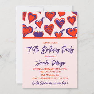 Modern Glam Red Purple Hearts 79th birthday Invitation
