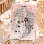 Modern glam rose gold glitter ombre photo Sweet 16 Invitation<br><div class="desc">A modern, pretty and glam faux rose gold glitter shower ombre with soft pastel blush pink colour block Sweet 16 birthday party invitation with your custom photo with rose gold ombre pattern fading onto a pastel blush pink background. Perfect for a princess Sweet sixteen with a modern elegant brush font...</div>