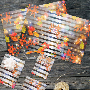 Modern Glam Silver Stripe Autumn Leaves Fall Wrapping Paper Sheet
