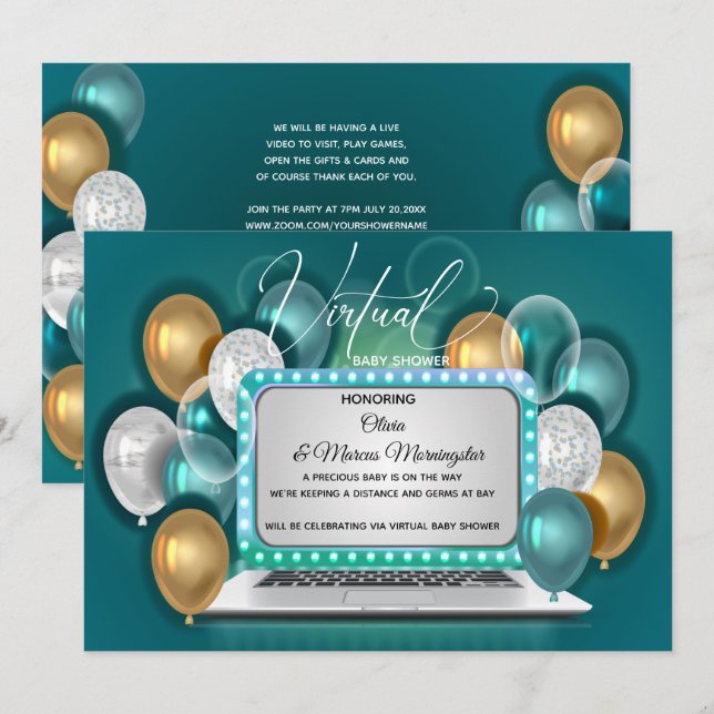 Modern Glam Virtual Baby Boy Shower Teal Invitation (Front/Back)