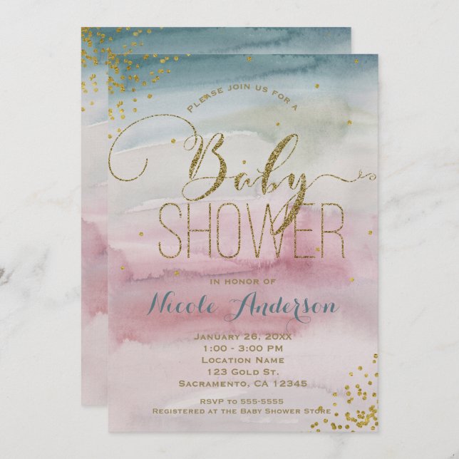 Modern Glam Watercolor Gold Confetti BABY SHOWER Invitation (Front/Back)