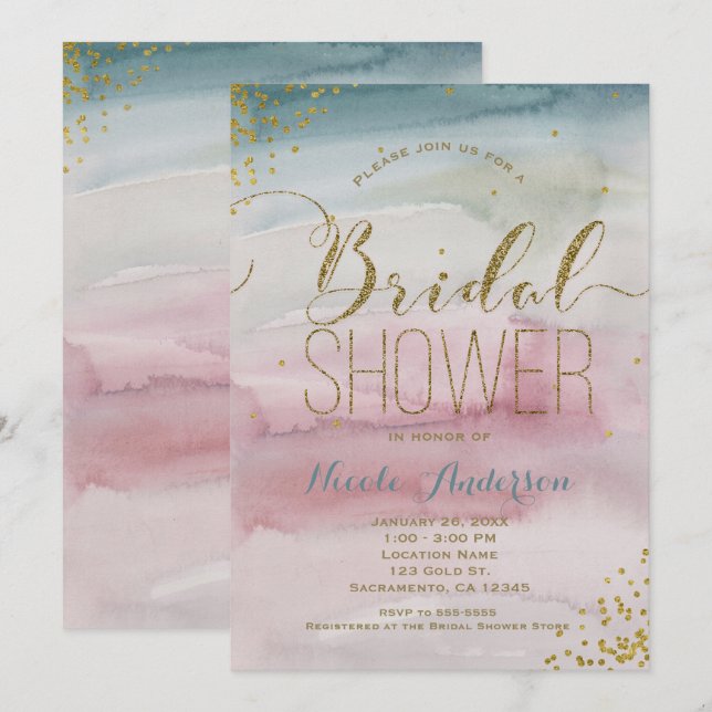 Modern Glam Watercolor Gold Confetti BRIDAL SHOWER Invitation (Front/Back)