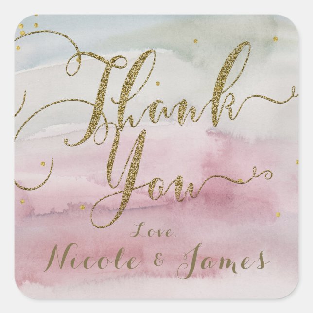 Modern Glam Watercolor Gold Thank You Favour Square Sticker (Front)