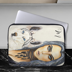 Modern Glam Woman & Husky Wolf Dog Monogram Laptop Sleeve