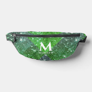Modern Glamour Green Glitter White Name Monogram Bum Bags