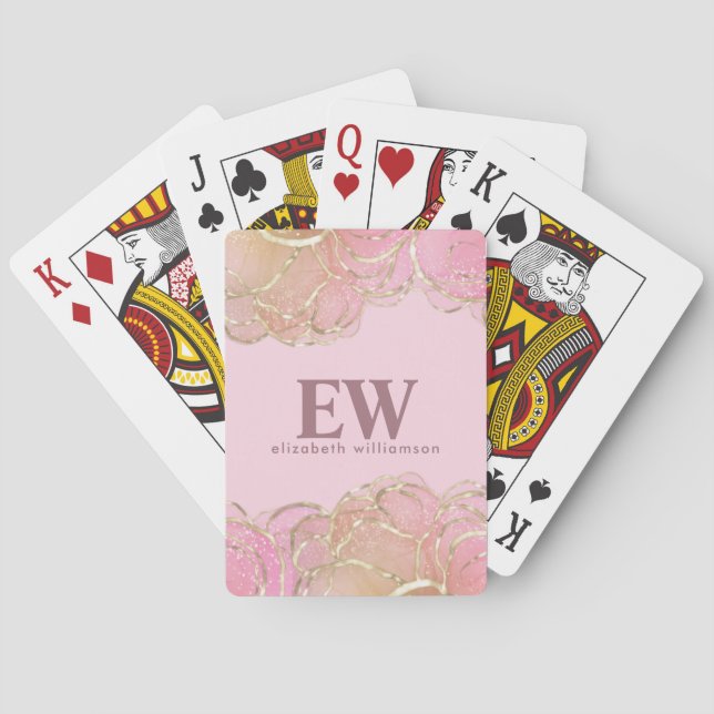 Modern Glamourous Elegant Monogram Pink Gold Girly Playing Cards (Back)