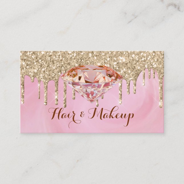 Modern Glamourous Gold Glitter Drips Pink Diamond Business Card (Front)