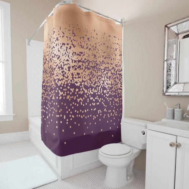 Modern Glamourous Gold Purple Polka Dot Gradient Shower Curtain (In Situ)