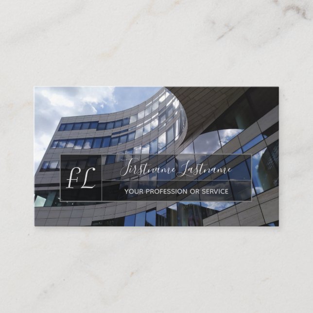 Modern glass facade office building monogram business card (Front)