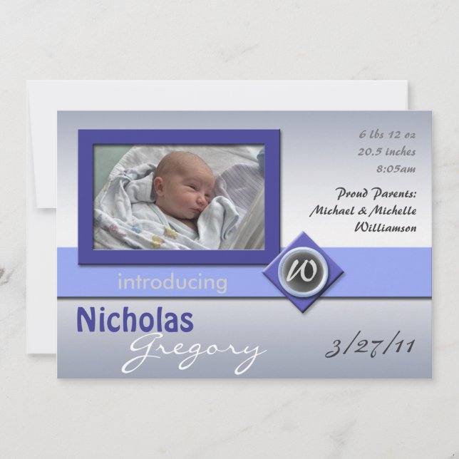 Modern Glass Monogram Blue Birth Announcements (Front)