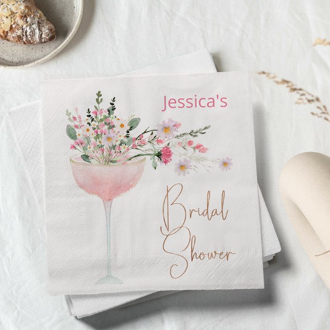 Modern Glass Wildflower Bridal Shower Paper Napkin (Modern Watercolor Champagne Glass Wildflowers Bridal Shower Paper Napkin, Bridal Shower Napkin)