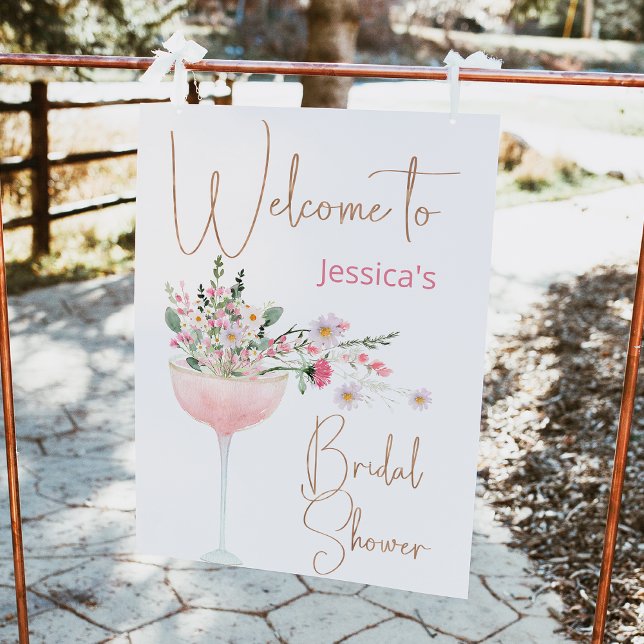 Modern Glass Wildflower Bridal Shower Welcome Sign (Champagne Glass Wildflowers Bridal Shower Welcome Sign, Petal Prosecco Bridal Shower Welcome Sign,)