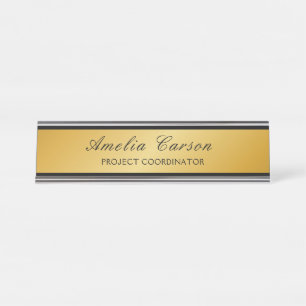 Modern Glassy Gold & Black- Add Logo, Name, Title Desk Name Plate