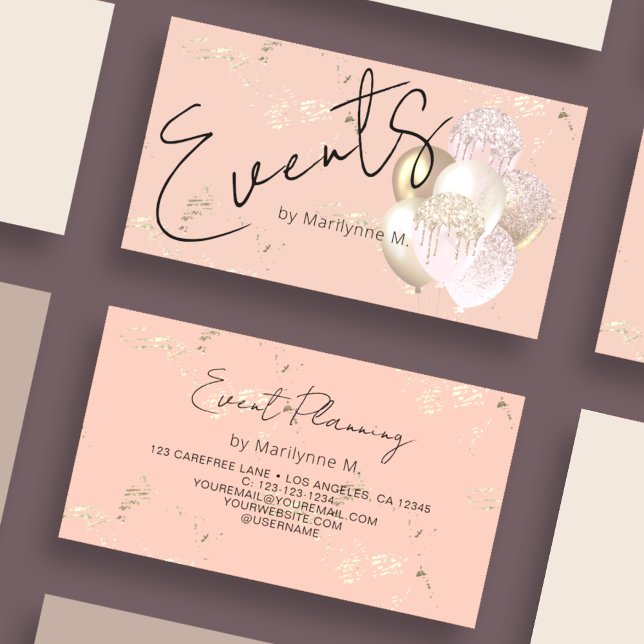 Modern Glitter Balloons Peach Business Card (Creator Uploaded)
