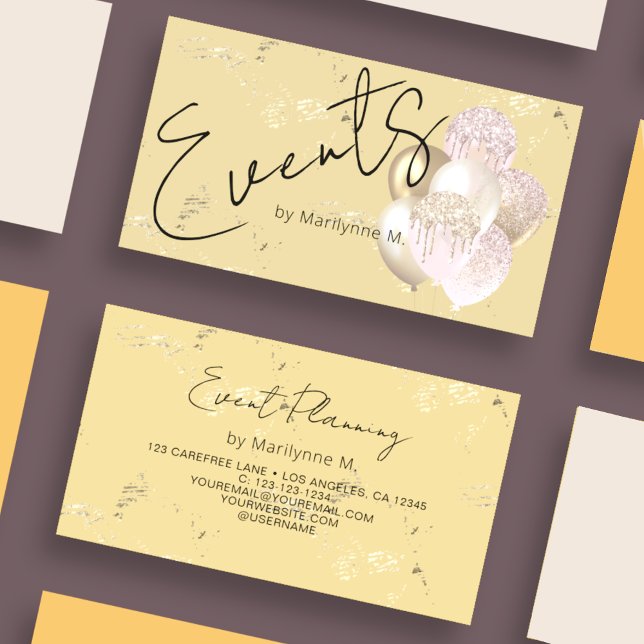 Modern Glitter Balloons Yellow Business Card (Creator Uploaded)