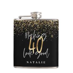 Modern glitter black and gold 40th birthday hip flask
