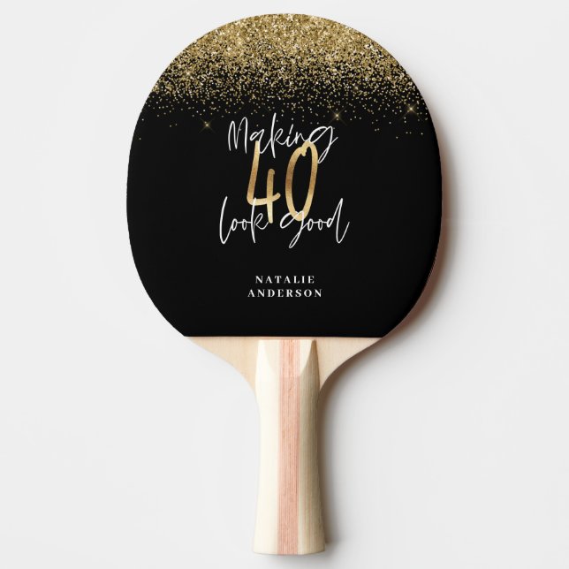Modern glitter black and gold 40th birthday ping pong paddle (Front)