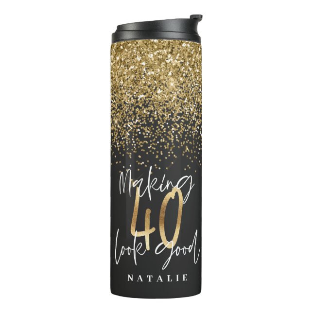 Modern glitter black and gold 40th birthday thermal tumbler (Rotated Left)