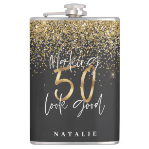 Modern glitter black and gold 50th birthday hip flask