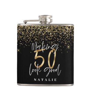 Modern glitter black and gold 50th birthday hip flask