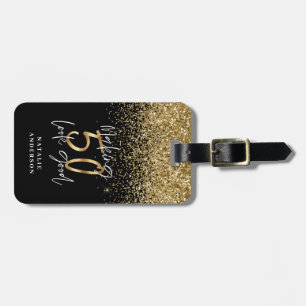 Modern glitter black and gold 50th birthday luggage tag