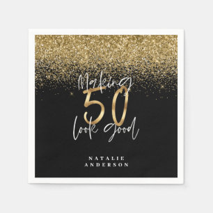 Modern glitter black and gold 50th birthday napkin