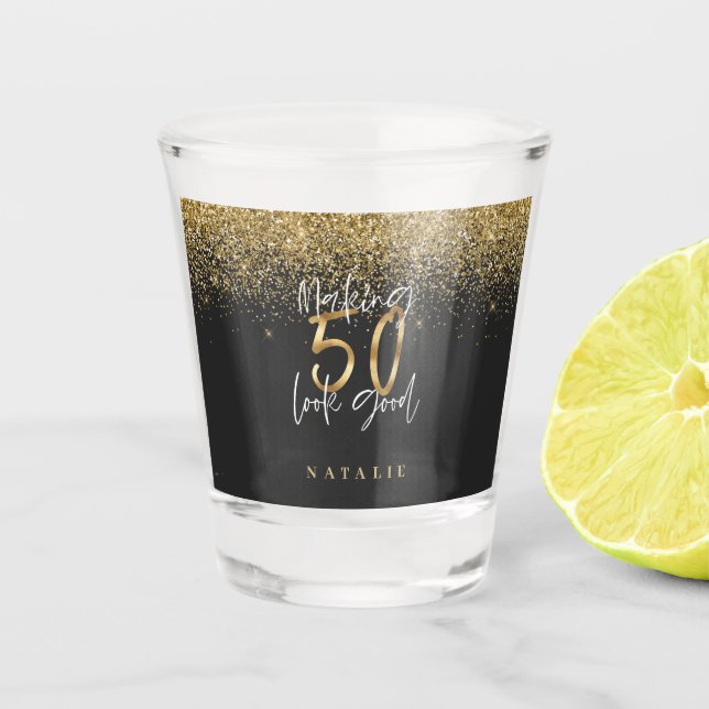 Modern glitter black and gold 50th birthday  shot glass (Front)