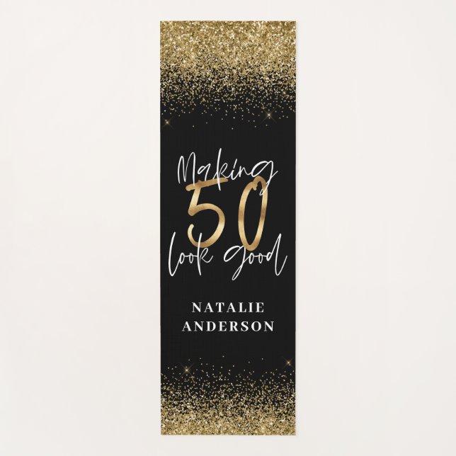 Modern glitter black and gold 50th birthday yoga mat (Front)