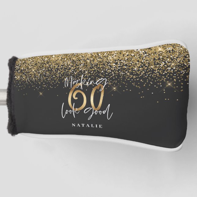 Modern glitter black and gold 60th birthday golf head cover (Front)
