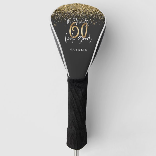 Modern glitter black and gold 60th birthday golf head cover (Front)