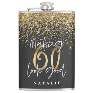 Modern glitter black and gold 60th birthday hip flask