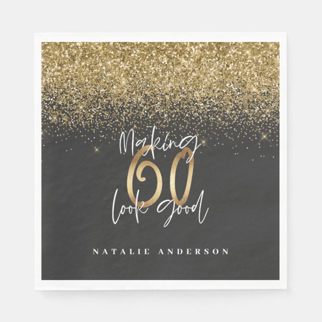 Modern glitter black and gold 60th birthday napkin (Front)