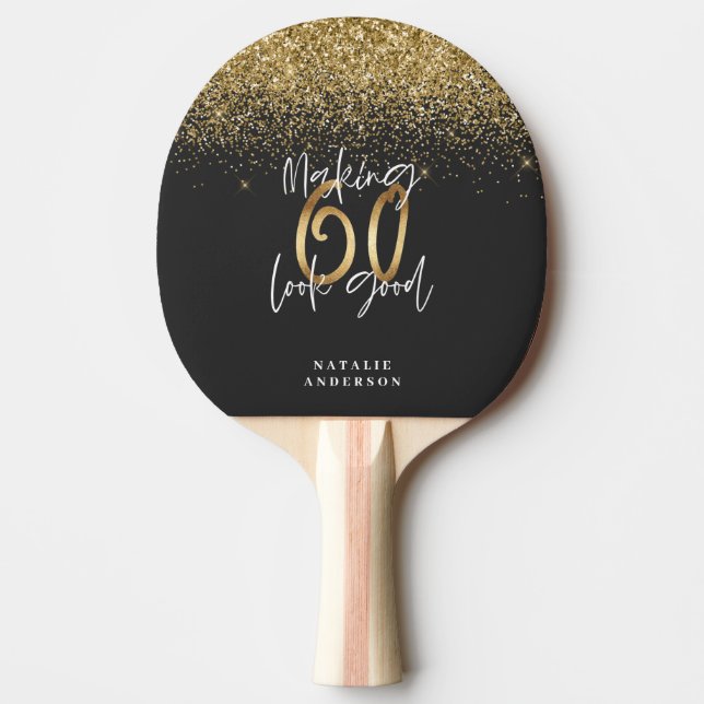 Modern glitter black and gold 60th birthday ping pong paddle (Front)
