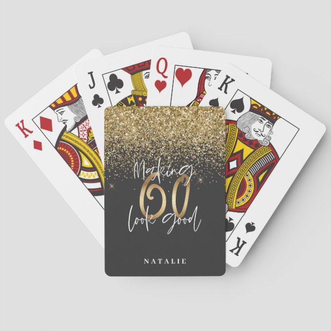 Modern glitter black and gold 60th birthday playing cards (Back)
