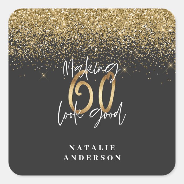 Modern glitter black and gold 60th birthday square sticker (Front)