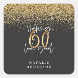 Modern glitter black and gold 60th birthday square sticker